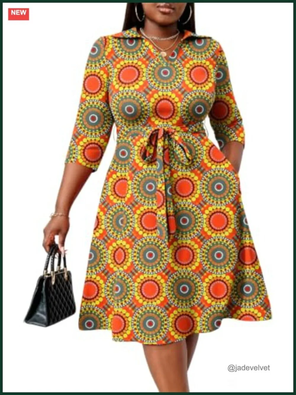 Plus Size Midi Dress with Pockets and Belt - 3/4 Sleeve Wrap V-Neck A-Line